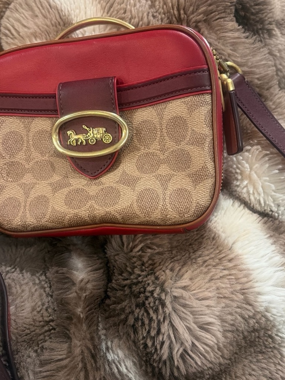 Coach Tan Canvas Crossbody with Red and Brown Leather Trim
